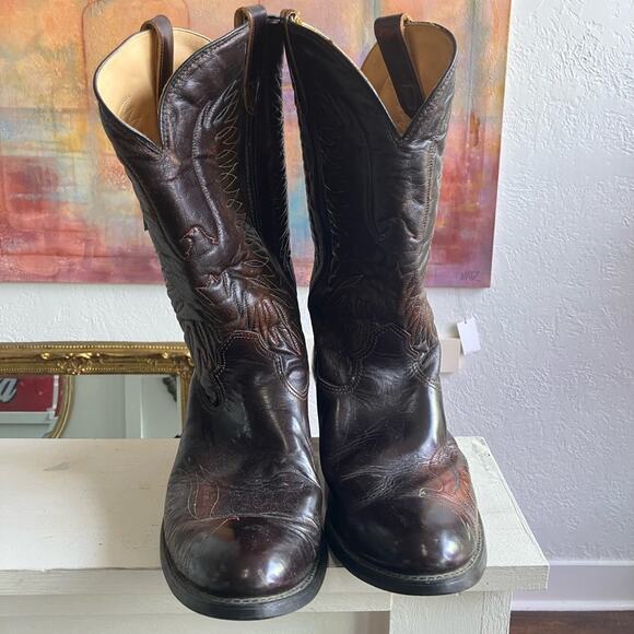 Men's Brown Leather Cowboy Falcon Stitch Boots Sz 13 - Picture 3 of 8